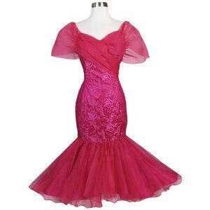 Vintage 80s Fuchsia Pink Lace Chiffon Mermaid Full Skirt Prom Party Dress Bow S